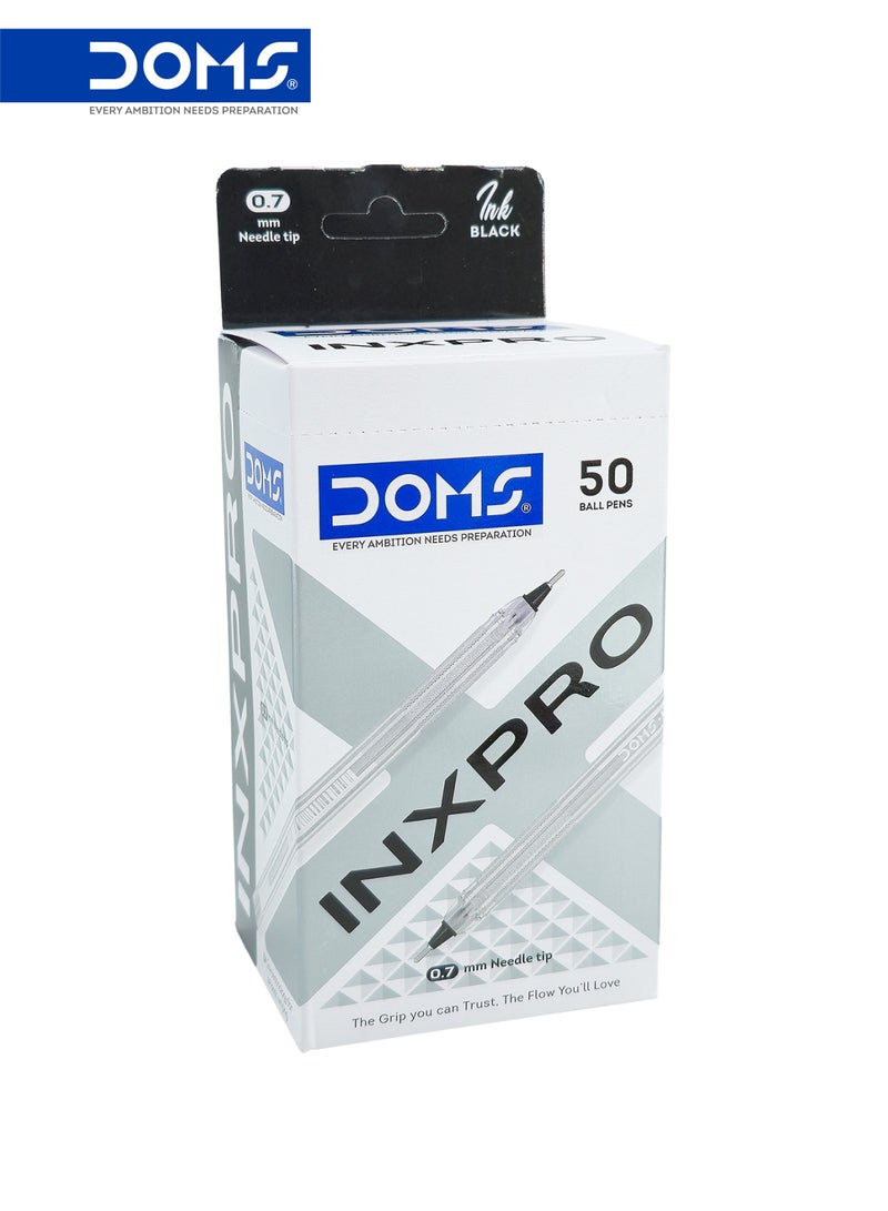 DOMS INXPRO Ball Point Pen 0.7 mm Needle Tip Black Ink Box Pack of 50 - Image 1